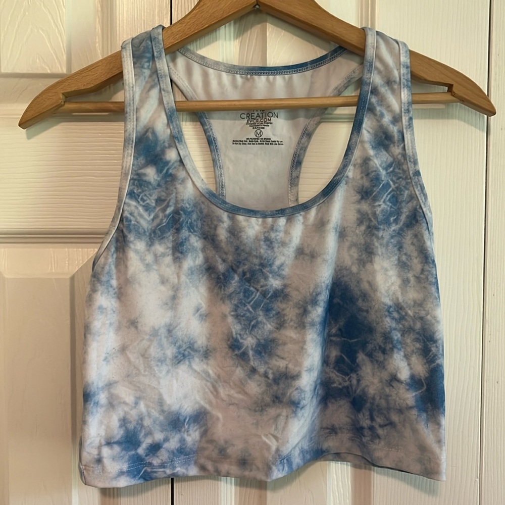 Blue tie dye stretchy athletic crop top, Medium